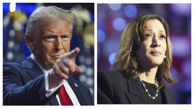 Donald Trump pointing directly at the camera, symbolizing his triumphant return, and Kamala Harris looking contemplative, reflecting the weight of her historic campaign